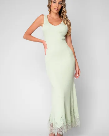 Rochie lunga tricotata cu dantela Mint