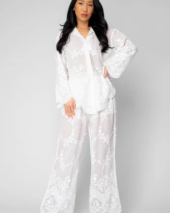 Set Camasa si Pantalon lung cu broderie White