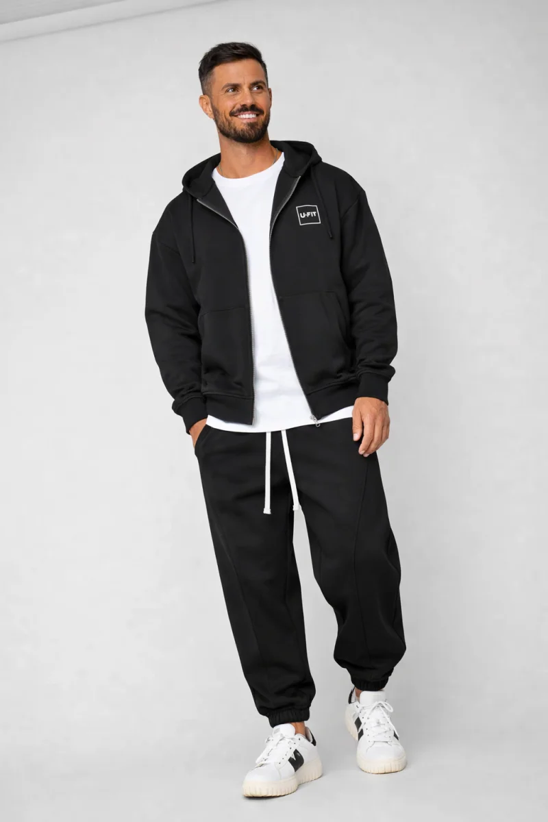Set Oversized Hanorac cu fermoar si pantalon Baggy din 100% Bumbac - 400gr mp Premium Edition Black
