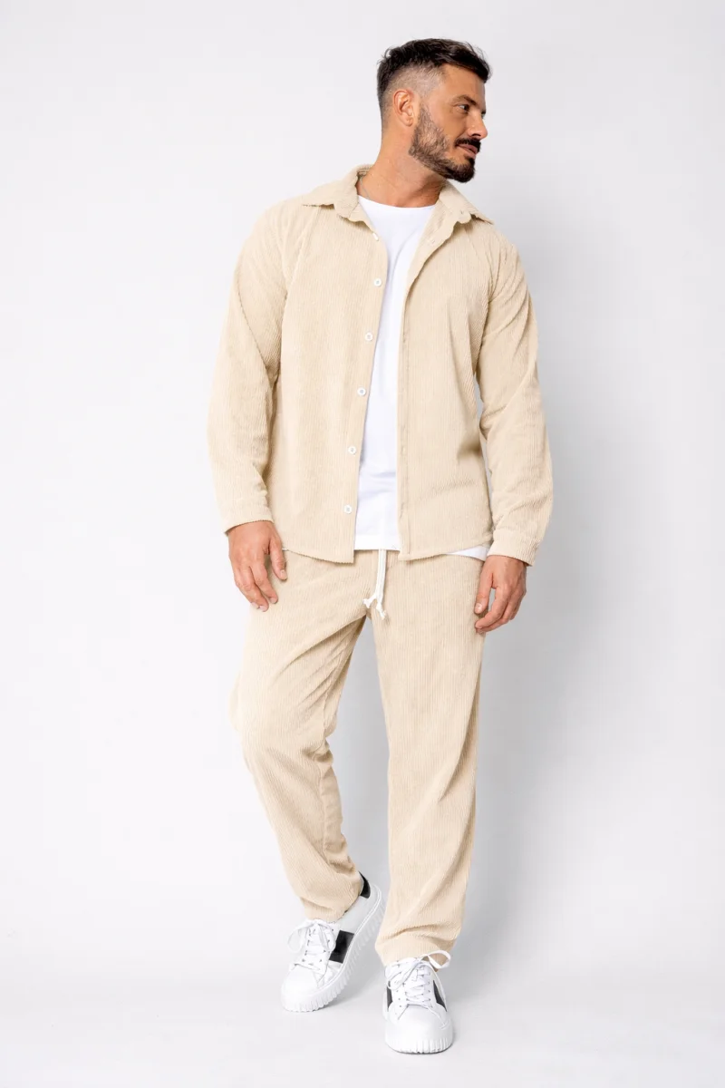 Set Camasa si Pantalon Lung drept din reiat Beige