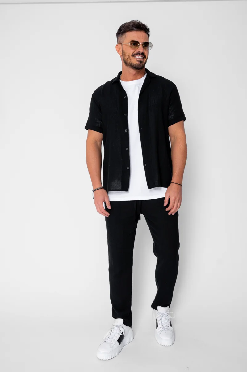 Set Tricotat Camasa maneca scurta si Pantaloni lungi Black