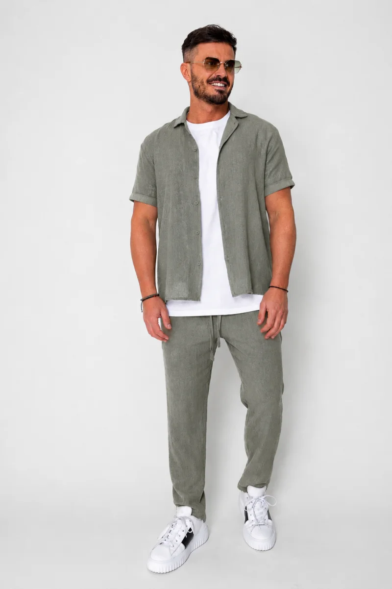 Set Tricotat Camasa maneca scurta si Pantaloni lungi Dark Olive