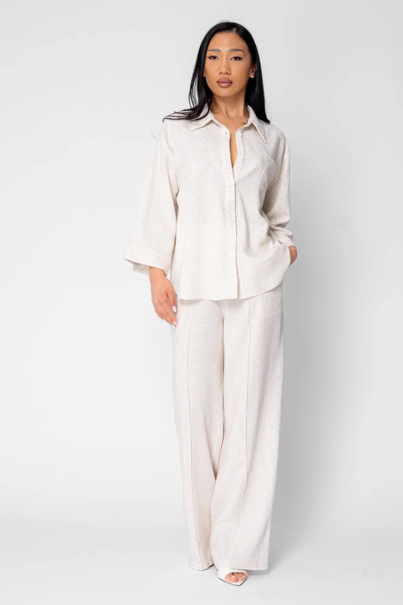 Set Camasa si Pantaloni lungi din in cu strasuri Beige