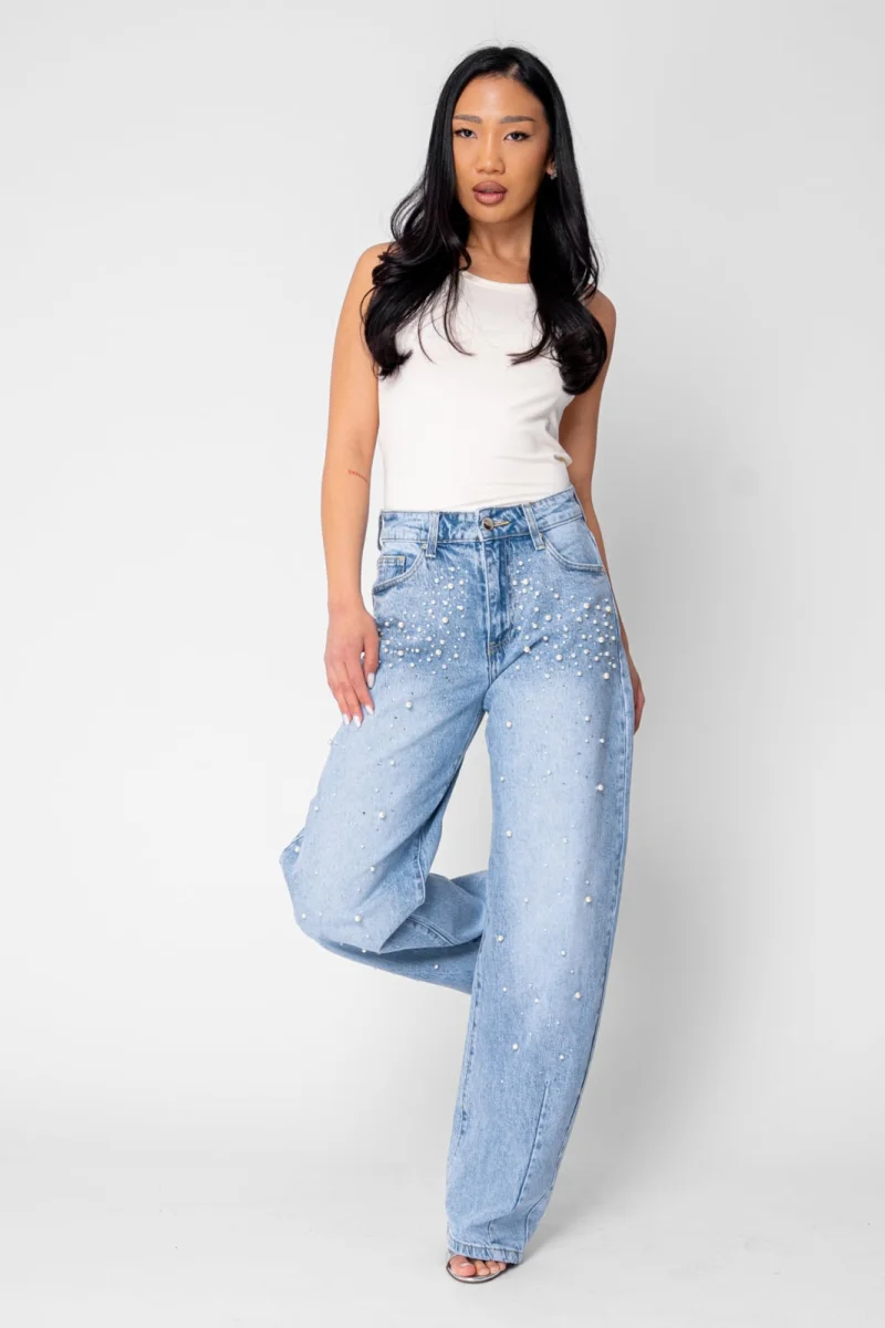 Blugi elastici cu margele si strasuri Light Blue