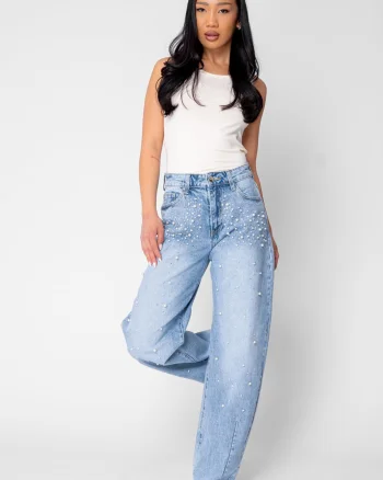 Blugi elastici cu margele si strasuri Light Blue