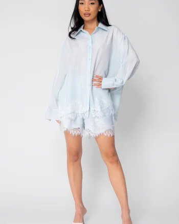 Set Camasa maneca lunga si pantalon scurt cu dantela Mint