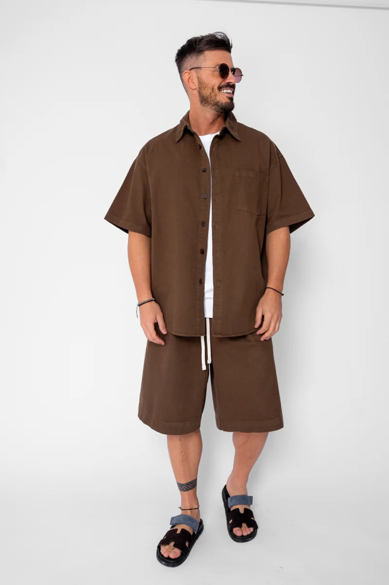 Set camasa si pantalon scurt din denim Oversized Brown