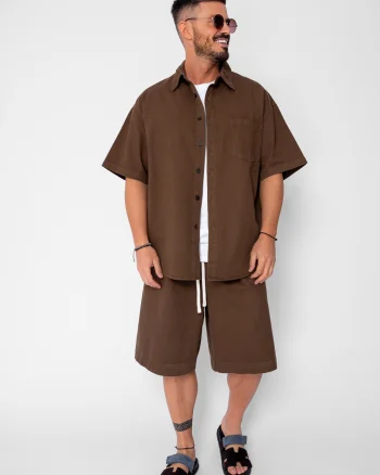 Set camasa si pantalon scurt din denim Oversized Brown