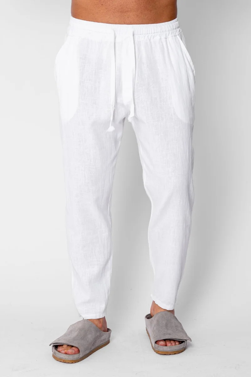 Pantaloni lung din 100% IN cu snur conic White