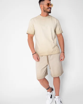 Set Urban tricou si pantalon scurt cu efect prespalat Light Beige