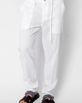 Pantaloni lungi din IN cu nasture si snur Premium Edition White
