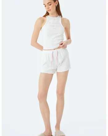 Top crop de pijama slim-fit cu text brodat si model striat, Alb murdar