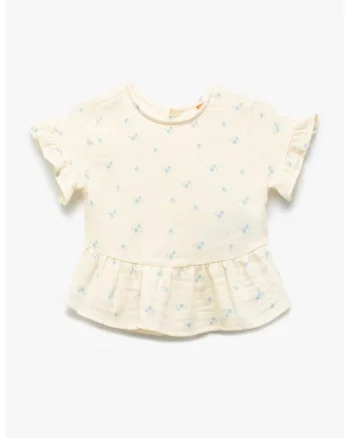 Bluza din bumbac cu detalii cu volane si model floral, Crem