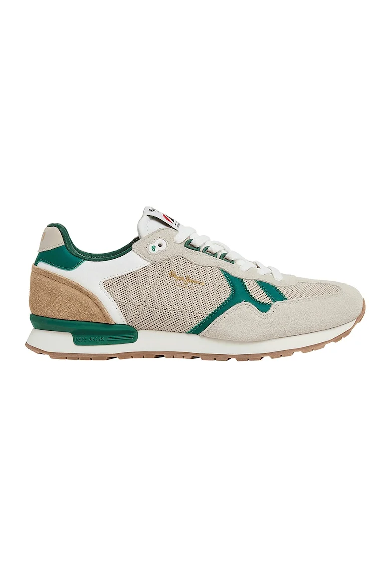 Pantofi sport cu insertii de piele intoarsa, Maro taupe deschis/Verde persan