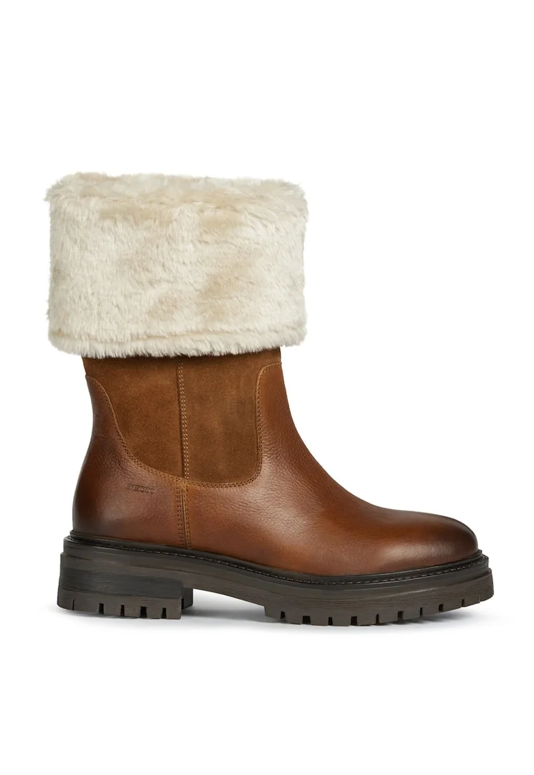 Cizme mid-calf de piele si piele intoarsa cu garnitura de blana sintetica, Alb/Maro cognac