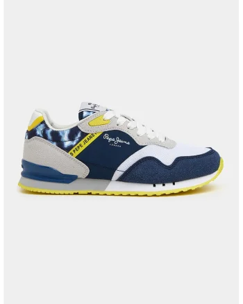 Pantofi sport de piele ecologica si piele intoarsa sintetica, Alb/Galben/Bleumarin