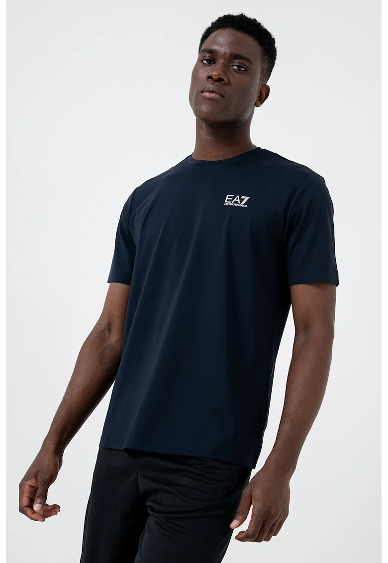 Tricou cu decolteu la baza gatului si detaliu logo, Bleumarin