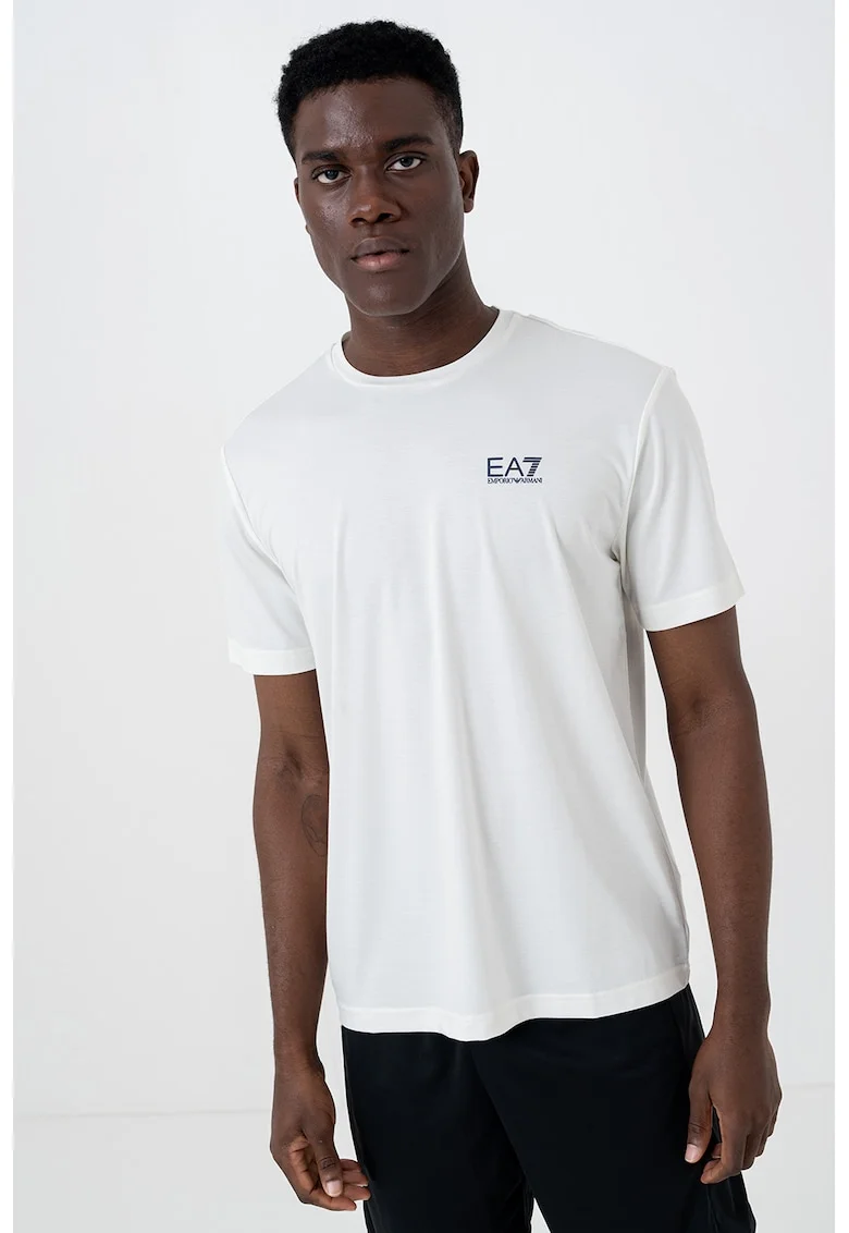 Tricou cu decolteu la baza gatului si detaliu logo, Alb