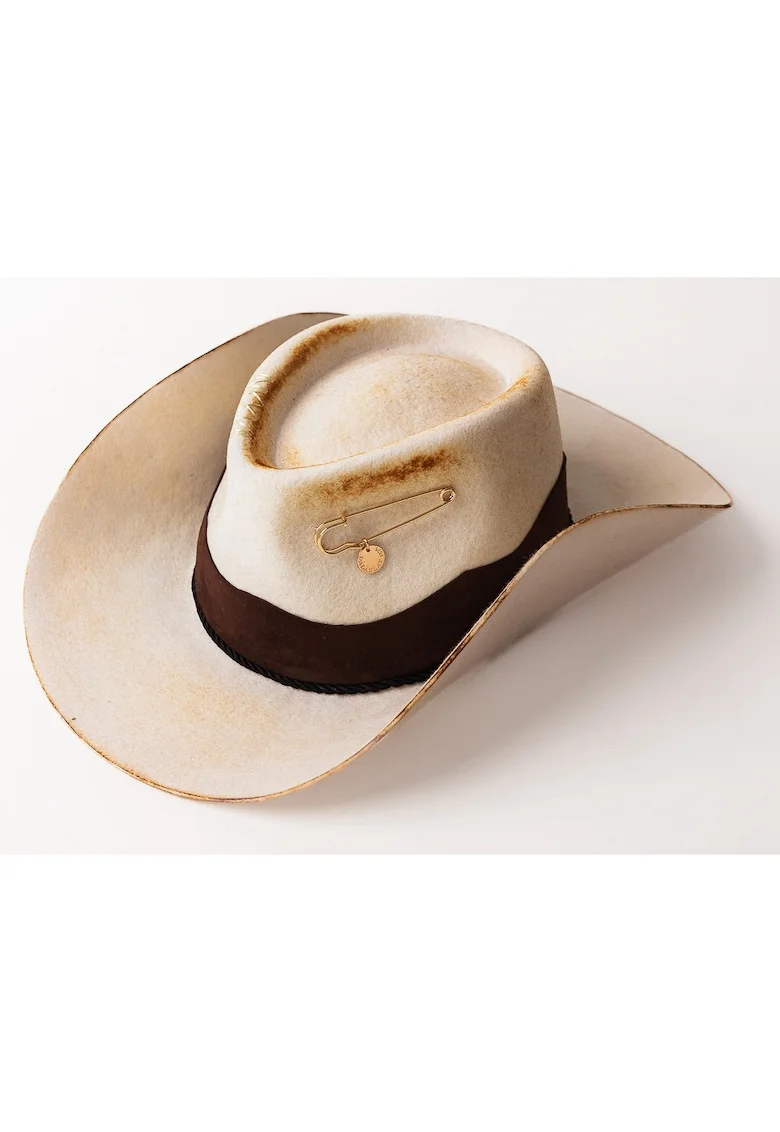 Palarie cowboy unisex din lana cu detalii cu aspect ars, Alb murdar