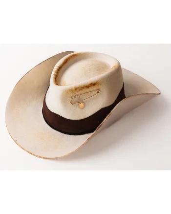 Palarie cowboy unisex din lana cu detalii cu aspect ars, Alb murdar