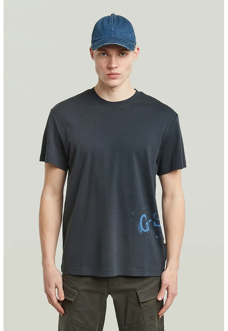 Tricou din bumbac organic cu imprimeu logo, Gri carbune/Albastru royal