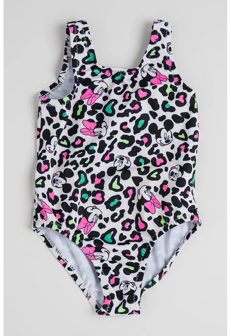 Costum de baie intreg cu model Minnie Mouse, Negru/Roz aprins/Alb optic