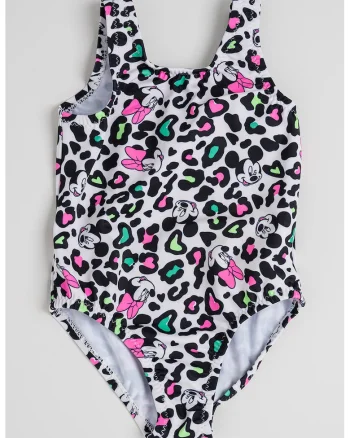Costum de baie intreg cu model Minnie Mouse, Negru/Roz aprins/Alb optic