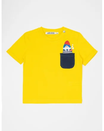 Tricou de bumbac cu decolteu la baza gatului, Galben/Albastru inchis