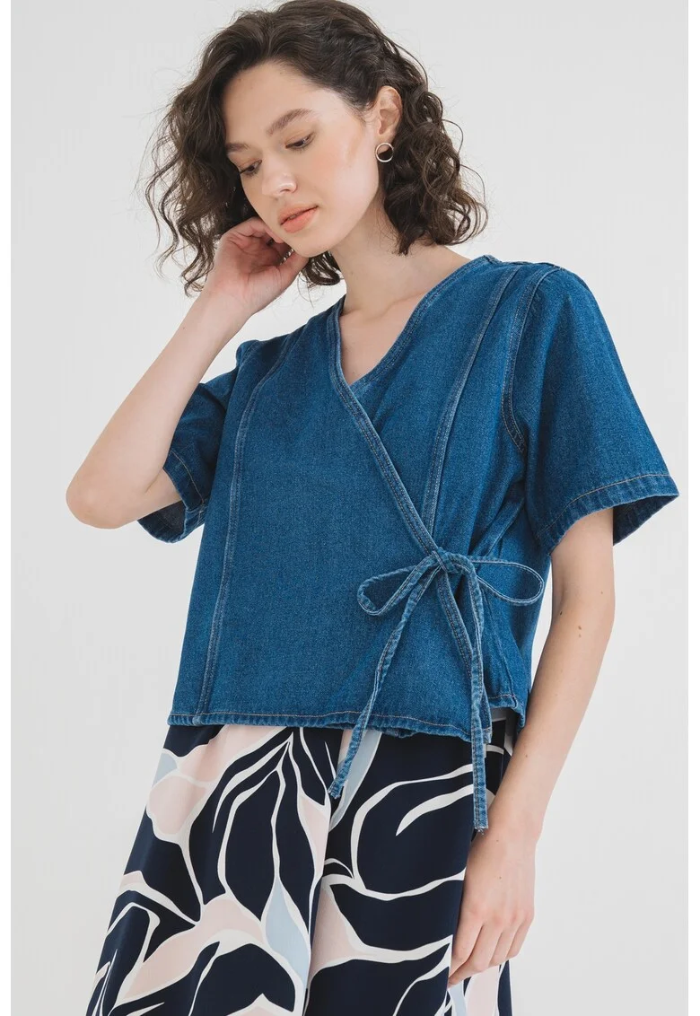 Bluza de denim cu model petrecut Fibbo, Albastru inchis
