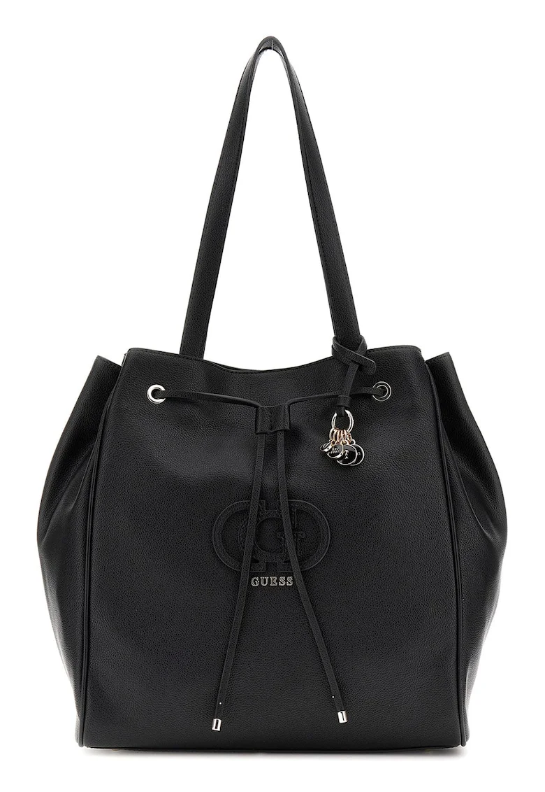 Geanta bucket de piele ecologica cu accesoriu logo, Negru