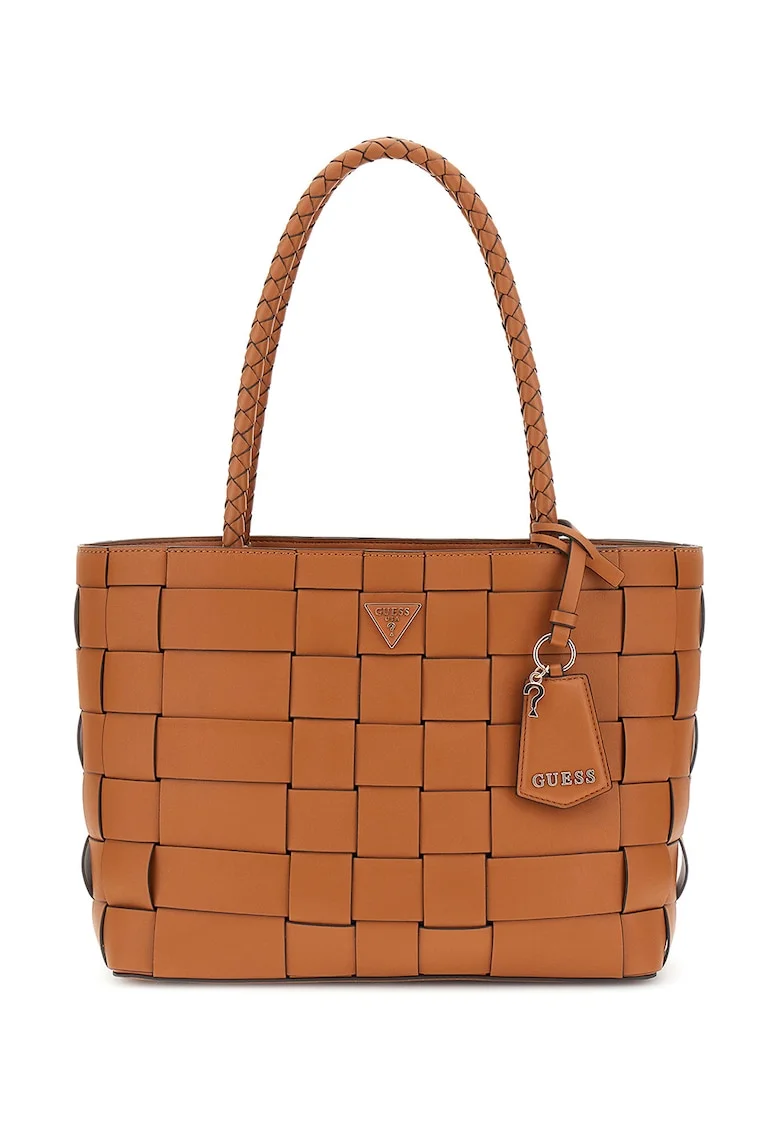 Geanta shopper din piele ecologica cu accesoriu logo, Maro scortisoara