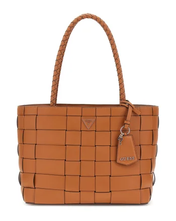 Geanta shopper din piele ecologica cu accesoriu logo, Maro scortisoara