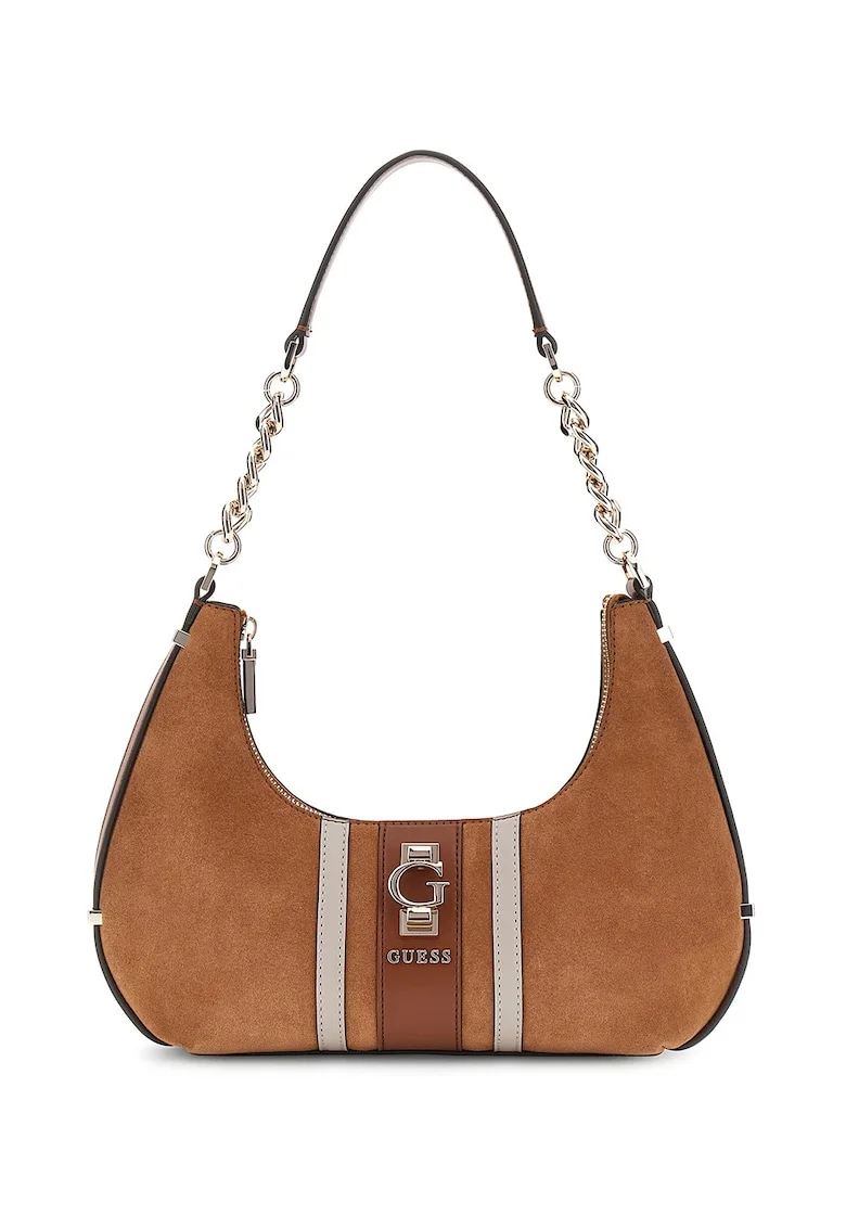 Geanta hobo din piele intoarsa cu detaliu logo, Caramel