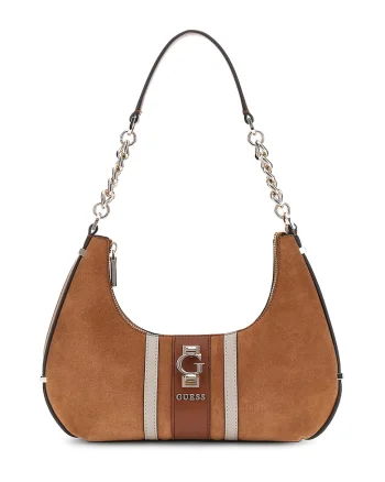 Geanta hobo din piele intoarsa cu detaliu logo, Caramel