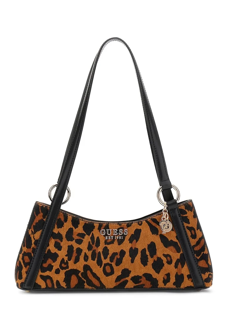 Geanta baguetter de piele cu animal print, Maro inchis/Negru