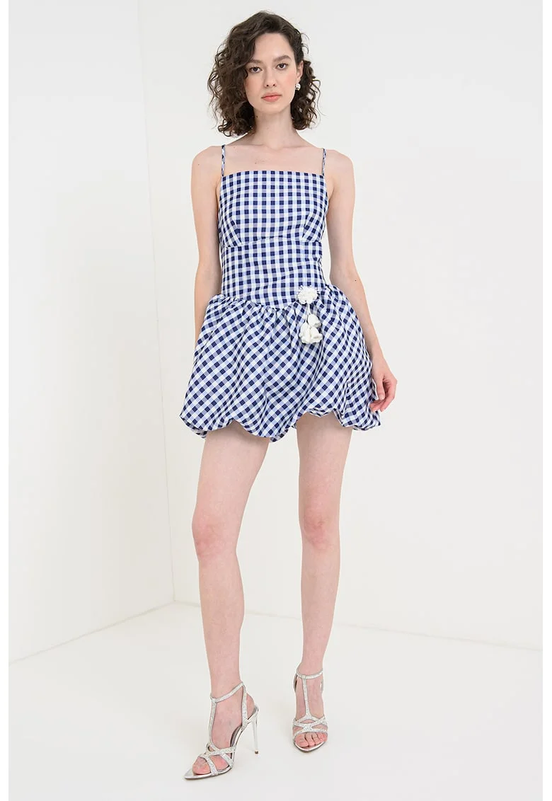 Rochie mini in carouri cu aplicatie decorativa, Alb/Albastru inchis