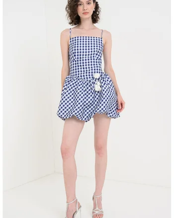 Rochie mini in carouri cu aplicatie decorativa, Alb/Albastru inchis