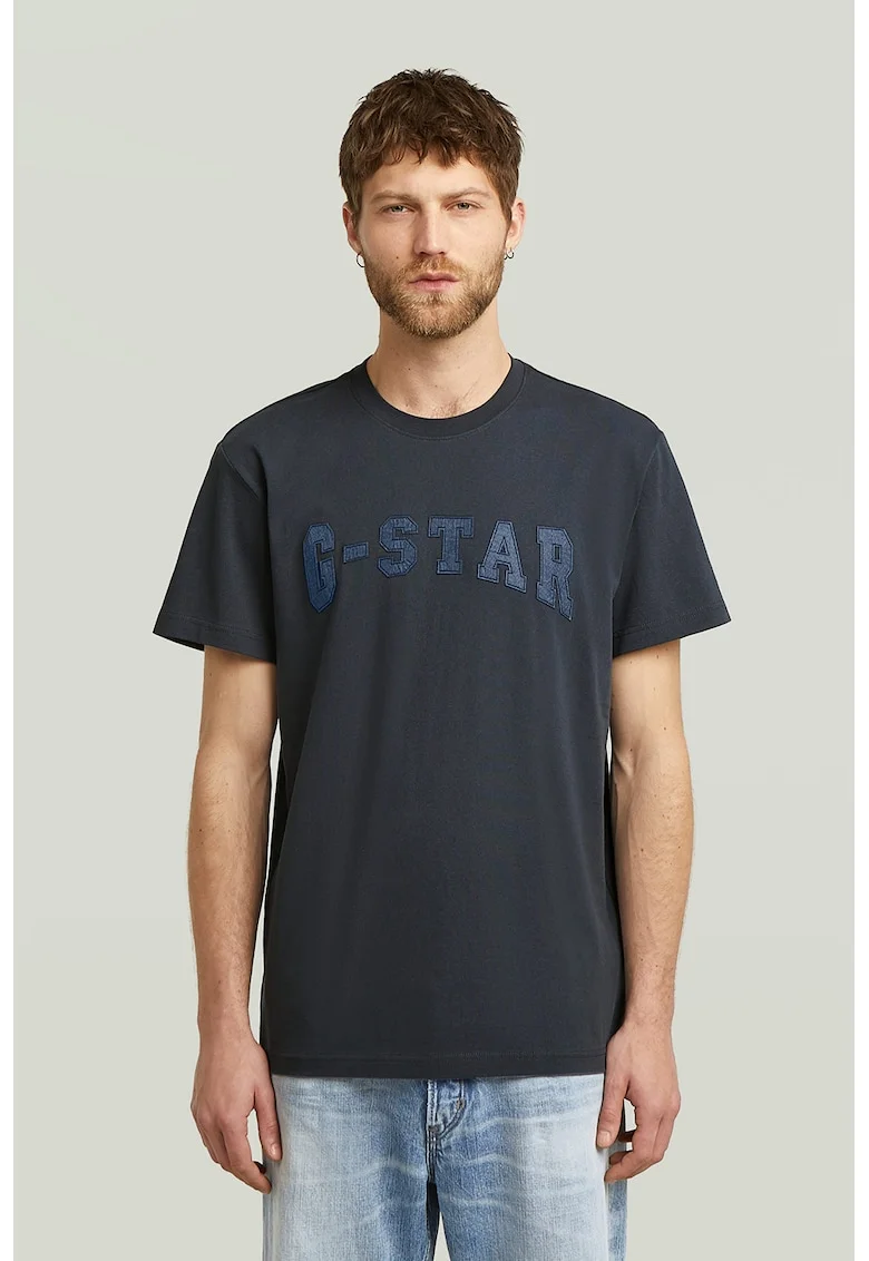Tricou cu logo si decolteu la baza gatului, Albastru inchis/Bleumarin