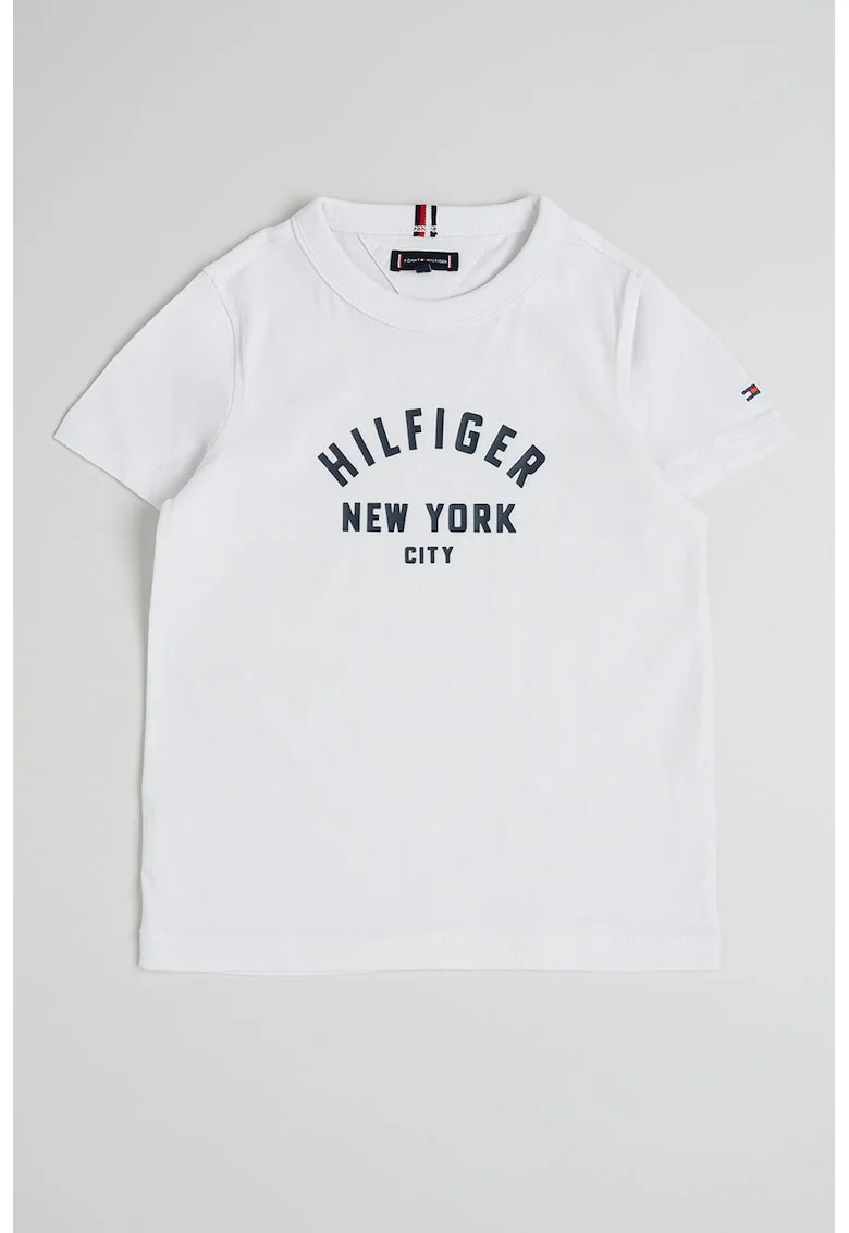 Tricou cu decolteu la baza gatului si imprimeu logo, Negru stins/Alb murdar