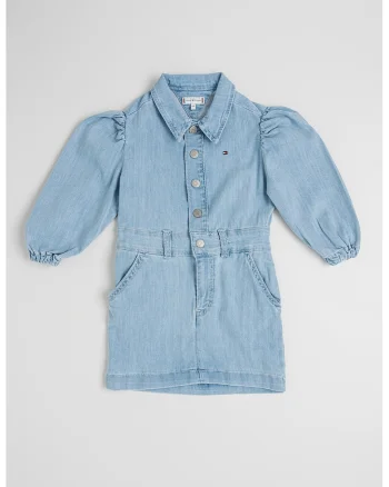Rochie mini de denim cu maneci bufante, Albastru prafuit