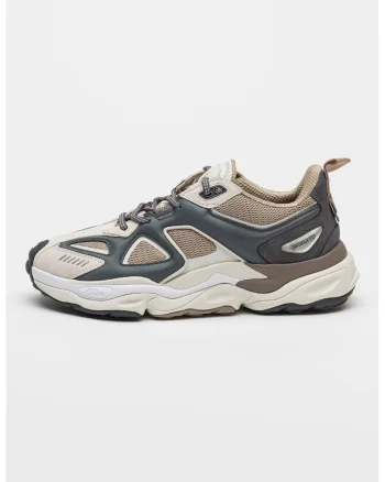 Pantofi sport de piele cu insertii cu text Satellite Runner, Alb/Maro/Gri
