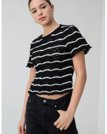 Bluza de crosetata cu maneci scurte, Negru/Alb murdar