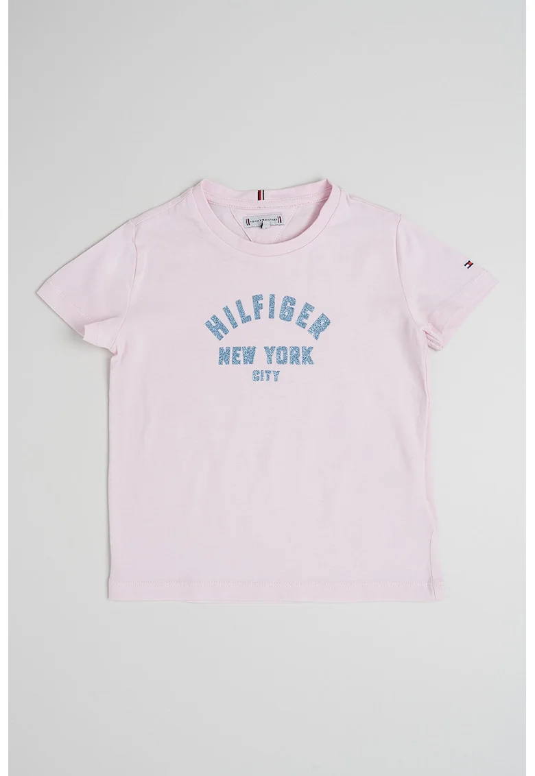 Tricou de bumbac cu imprimeu logo, Albastru inchis/Roz pastel