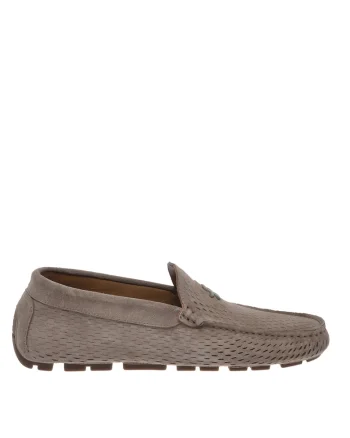 Mocasini din piele intoarsa cu design perforat, Maro taupe
