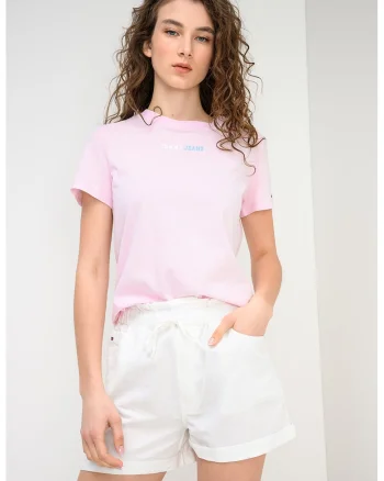 Tricou de bumbac cu imprimeu logo discret, Roz pal
