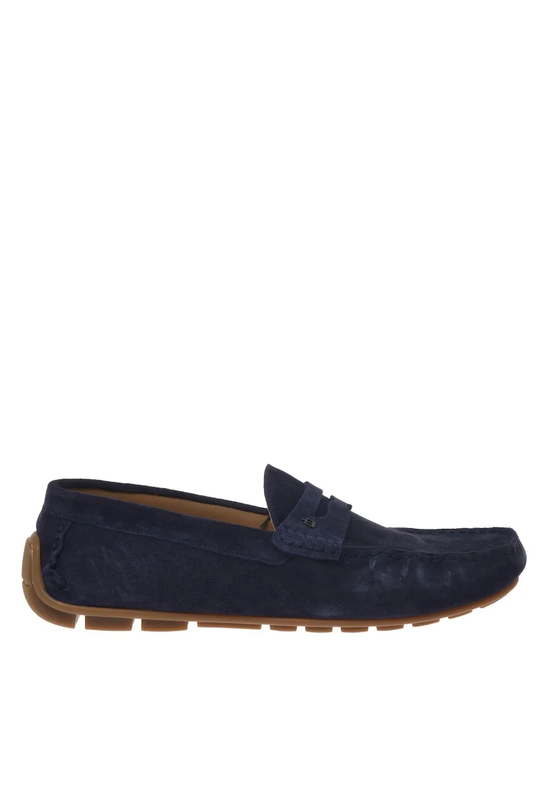 Pantofi loafer din piele intoarsa cu bareta decorativa, Albastru