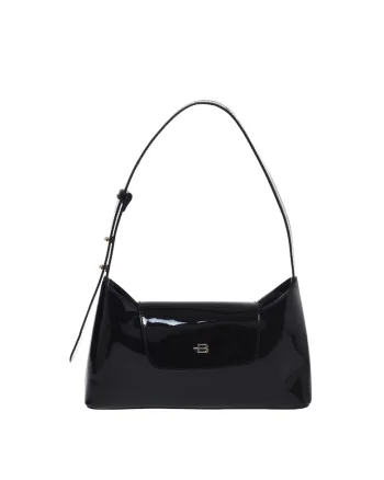 Geanta de piele lacuita cu bareta ajustabila, Negru, 16x27x5.5