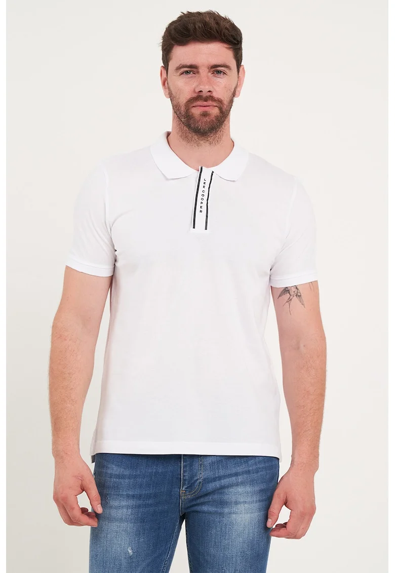 Tricou polo cu fenta cu fermoar, Alb