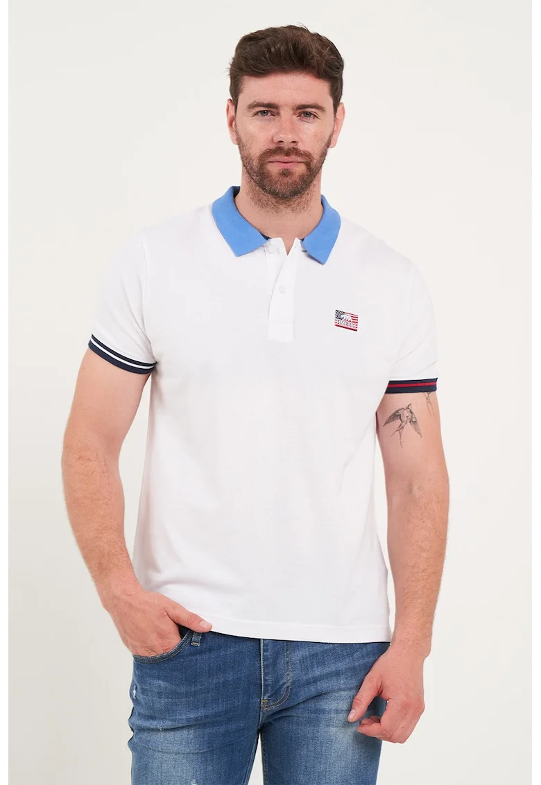 Tricou polo cu guler si mansete contrastante, Alb/Albastru