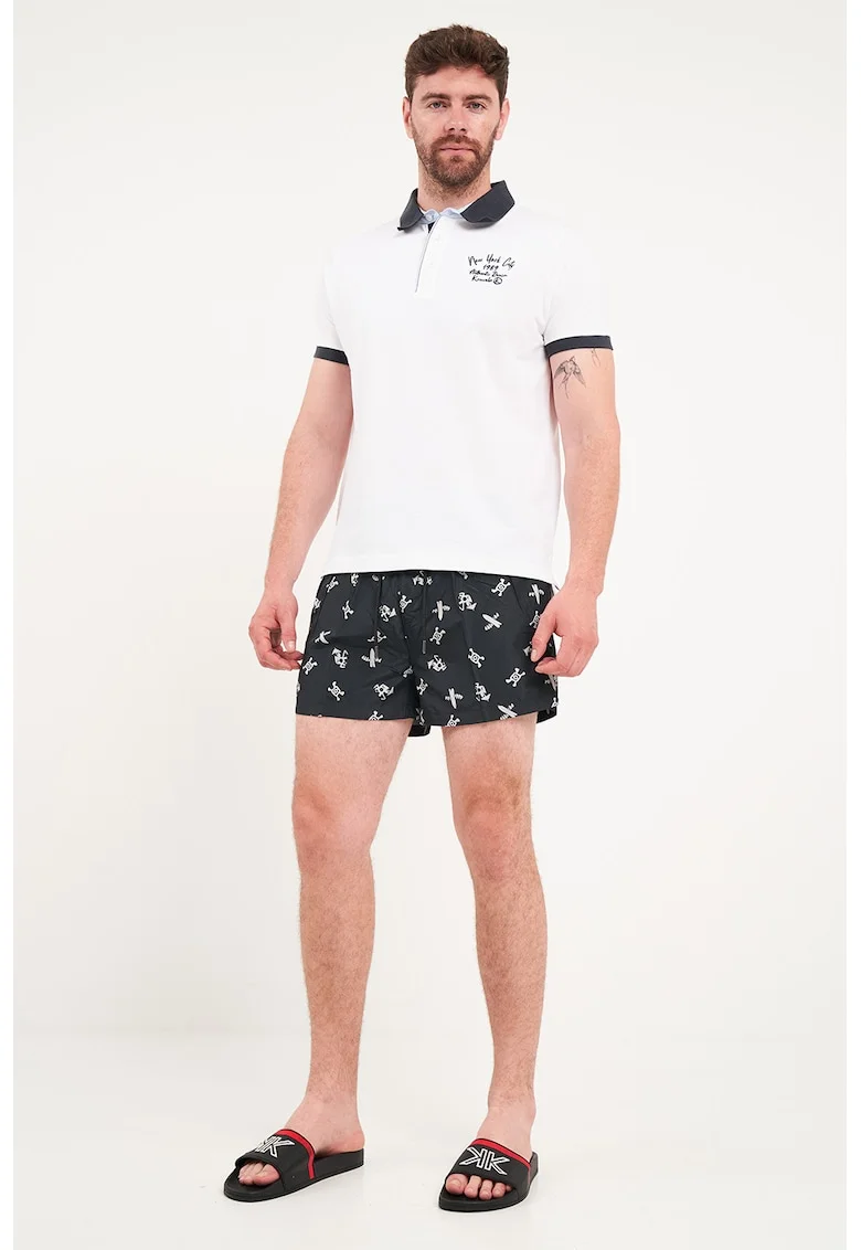 Pantaloni scurti de baie cu imprimeu grafic, Alb/Negru